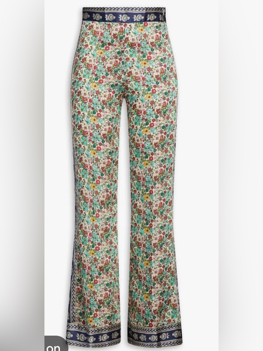 Sandro Multicolor Floral Wide-Leg Trousers with Navy Trim